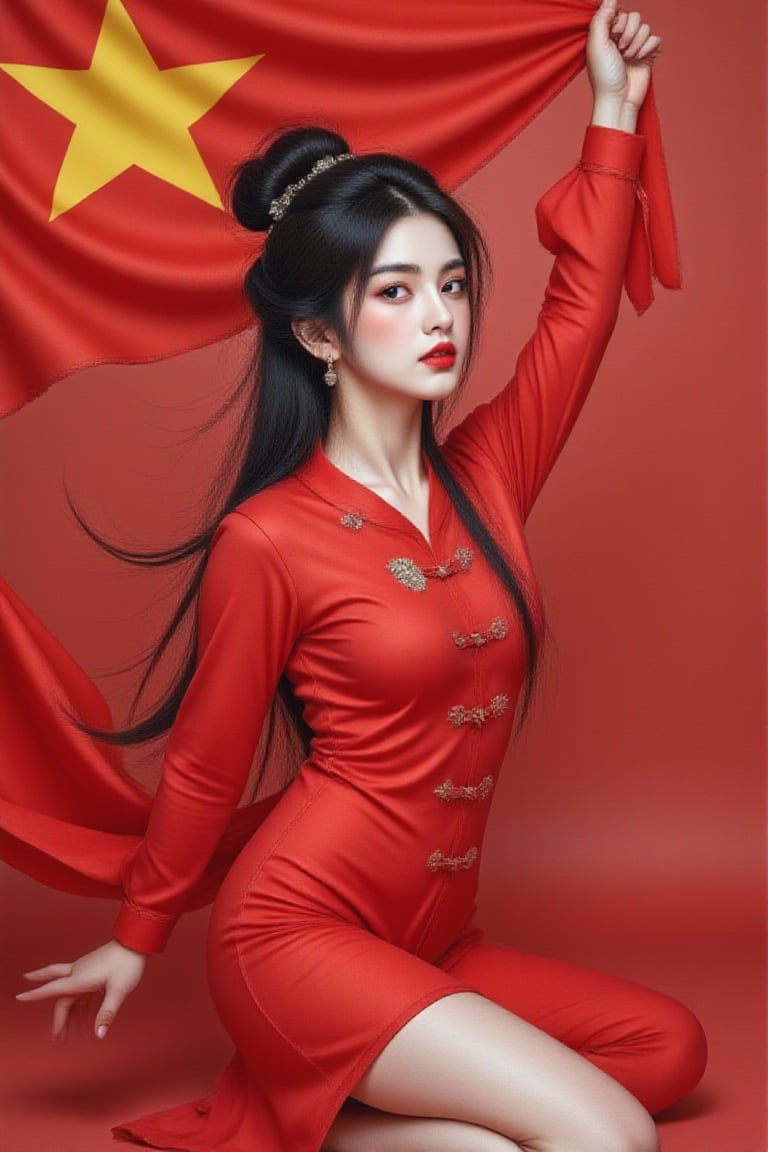 A beautiful 19 years old woman, Vietnamese, independence day, long hair, red ao dai with a big yellow star on the chest, dancing ballet, background is Vietnam flag, photorealistic details,wonder beauty