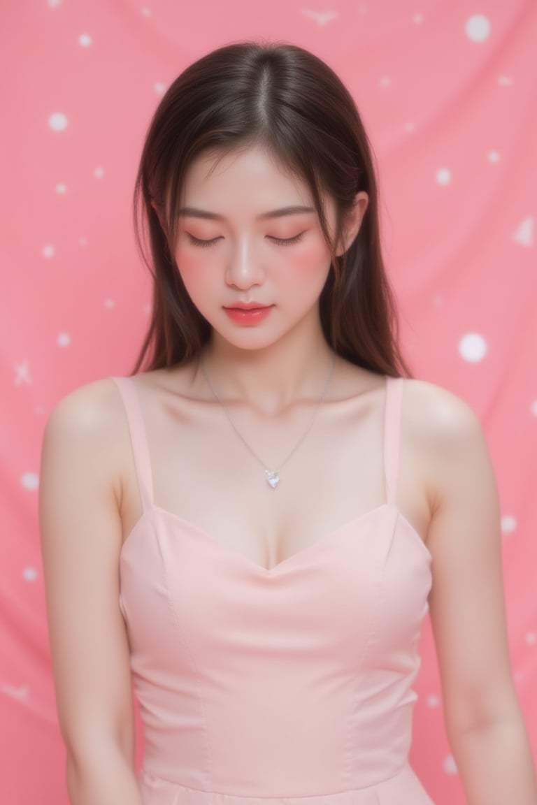 A young woman stands confidently in front of a radiant pink background, her sleek bob framing her peaceful expression. She wears a light pink dress with a silver necklace featuring a delicate pink heart charm. Her eyes are closed, as if meditating, while the tiny white dots on the backdrop create visual interest and depth. The soft focus and gentle lighting accentuate her serenity.