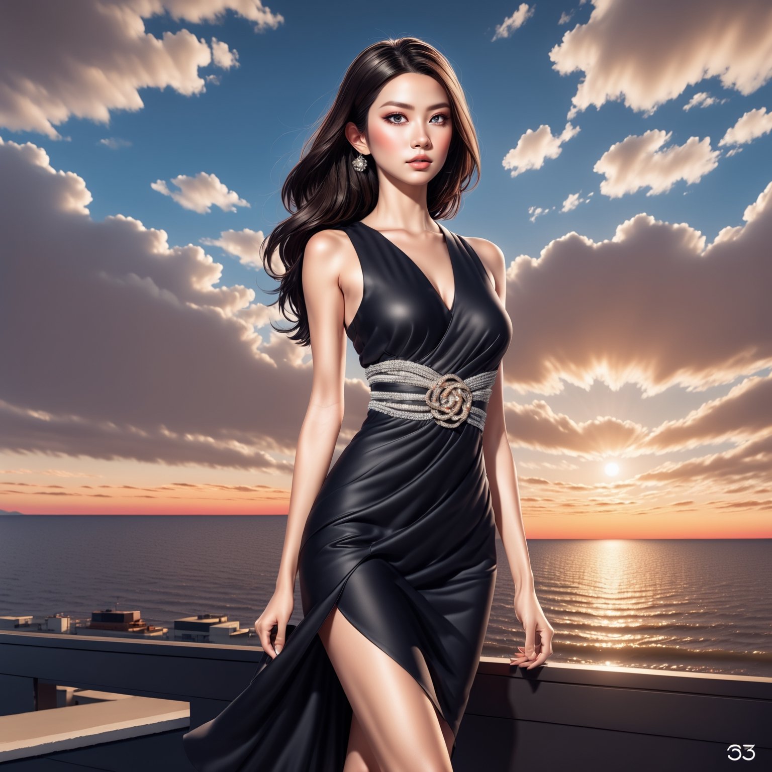 ((Full-Body)), 1female hot model, black hair, wearing ((haute couture de Chanel)), full detail, perfect viewpoint, highly detailed, wide-angle lens, hyper realistic, with dramatic sky, polarizing filter, natural lighting, vivid colors, sunset,, everything in sharp focus,manga style,Extremely Realistic,LinkGirl
