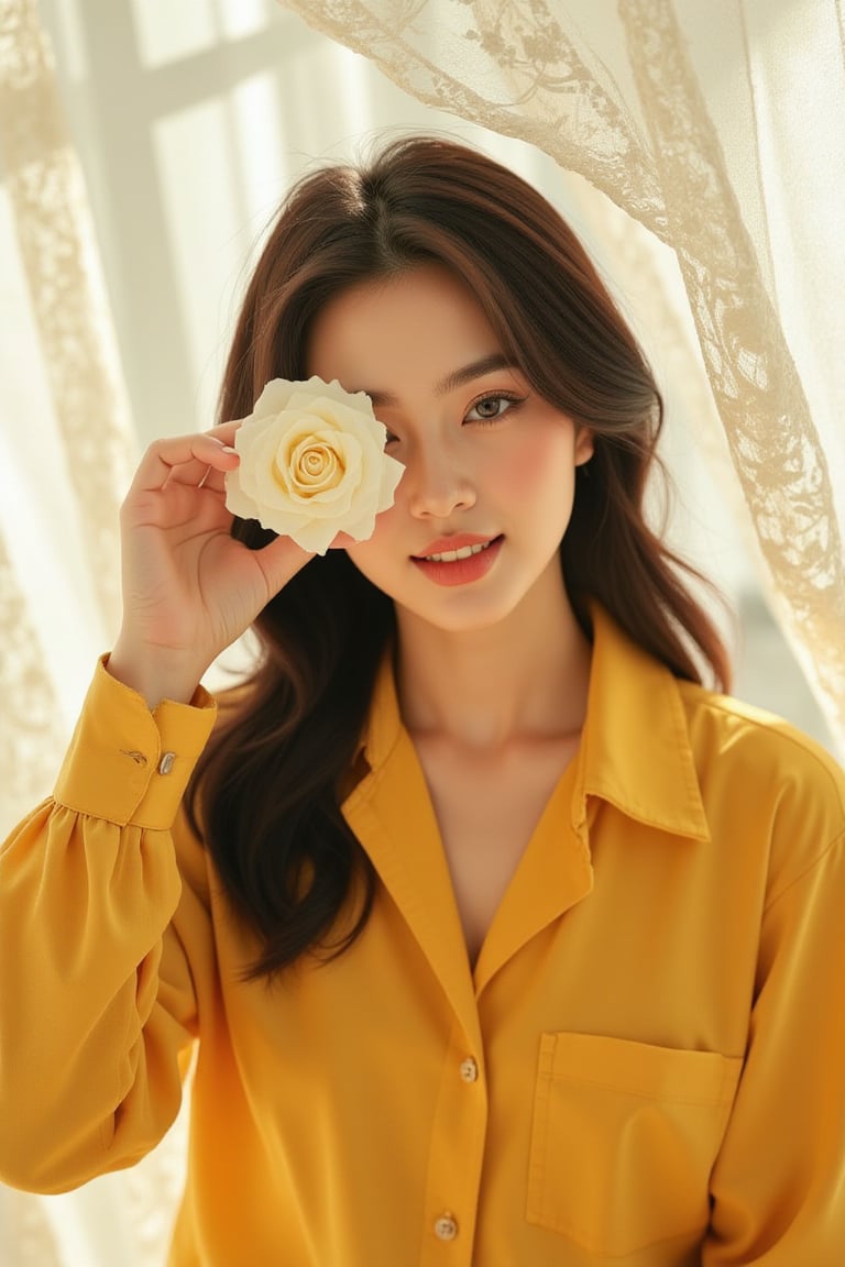 In this surreal masterpiece, an American woman with a flawless beauty radiates joy, holding a pristine white rose to her left eye. Her bright smile illuminates the scene as she wears an oversized yellow boxy shirt. Soft sunlight filters through lace curtains fluttering in the wind behind her, casting a mystical atmosphere. The subject's gaze seems to pierce through the veil of reality, inviting the viewer into a fantastical realm.