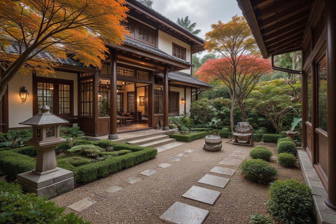 Create an image of a serene Japanese Zen garden in autumn, with a focus on the garden's natural beauty and tranquility. The scene should be framed with a wide-angle view, showcasing the garden's meticulous landscaping, featuring gravel paths, stone lanterns, and carefully arranged rocks. The lighting should be soft and warm, highlighting the vibrant autumn colors of the surrounding trees, with leaves in shades of orange, red, and yellow gently falling to the ground. The composition should emphasize the garden's harmony and balance, with a sense of peace and contemplation.,Enhanced all