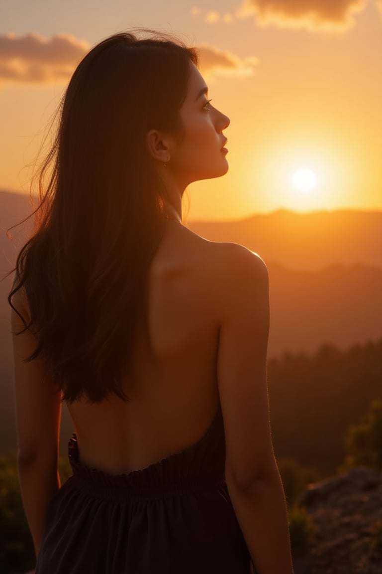 mujer joven viendo la puesta del sol