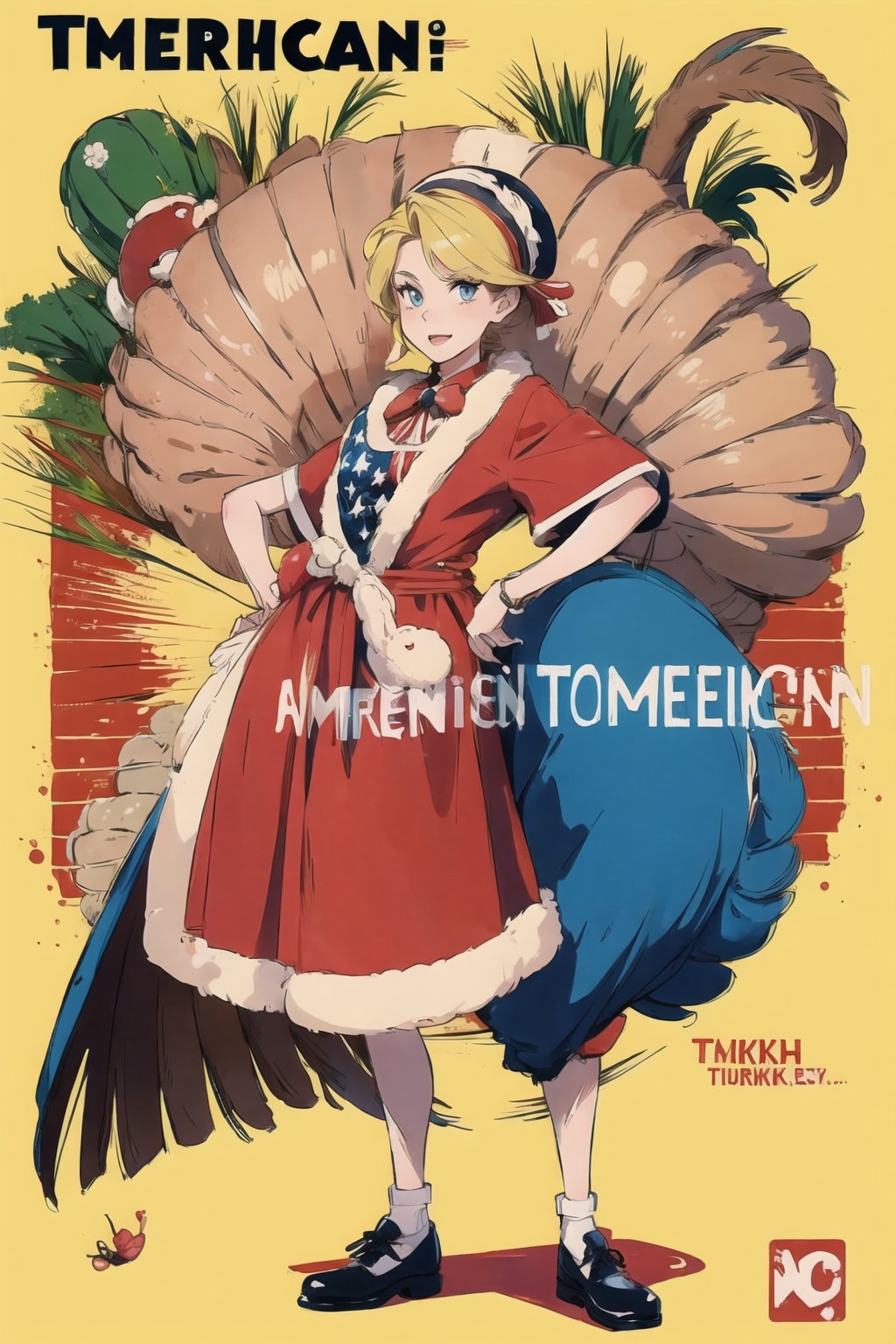 ((cartoon American style image of a turkey:1.3), colorful, masterpiece, wearing clothes 