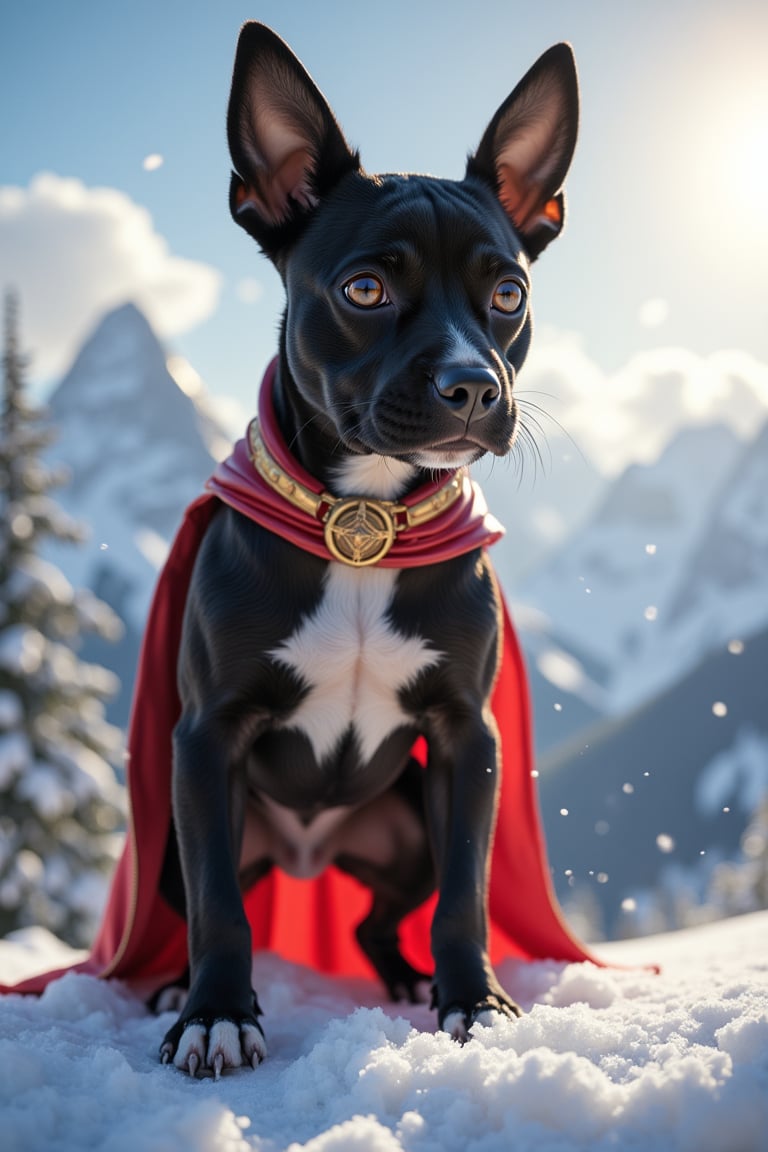 Cute black medium shaped pit bull female  terrier mix, with black hair small head, and black body, white streak of hair from under her head to the abdomen, big cute perfect brown eye, detailed background with a beautifully decorated mountain background, she is wearing a super female mecha  costume with swirling gold trimmed red  cape, bright sunshine, standing on top of snow capped mountain. Snow flakes falling. ,Energy light particle mecha