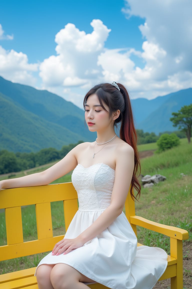 a woman is seated on a yellow wooden bench, her left arm resting on the railing. She is wearing a white strapless dress, adorned with a lace pattern. Her hair is long and cascades in a ponytail, adding a pop of color to the scene. The backdrop is a lush landscape of green grass, trees, and mountains. The sky is a deep blue, dotted with white fluffy clouds.,Perfect fashion,pink art