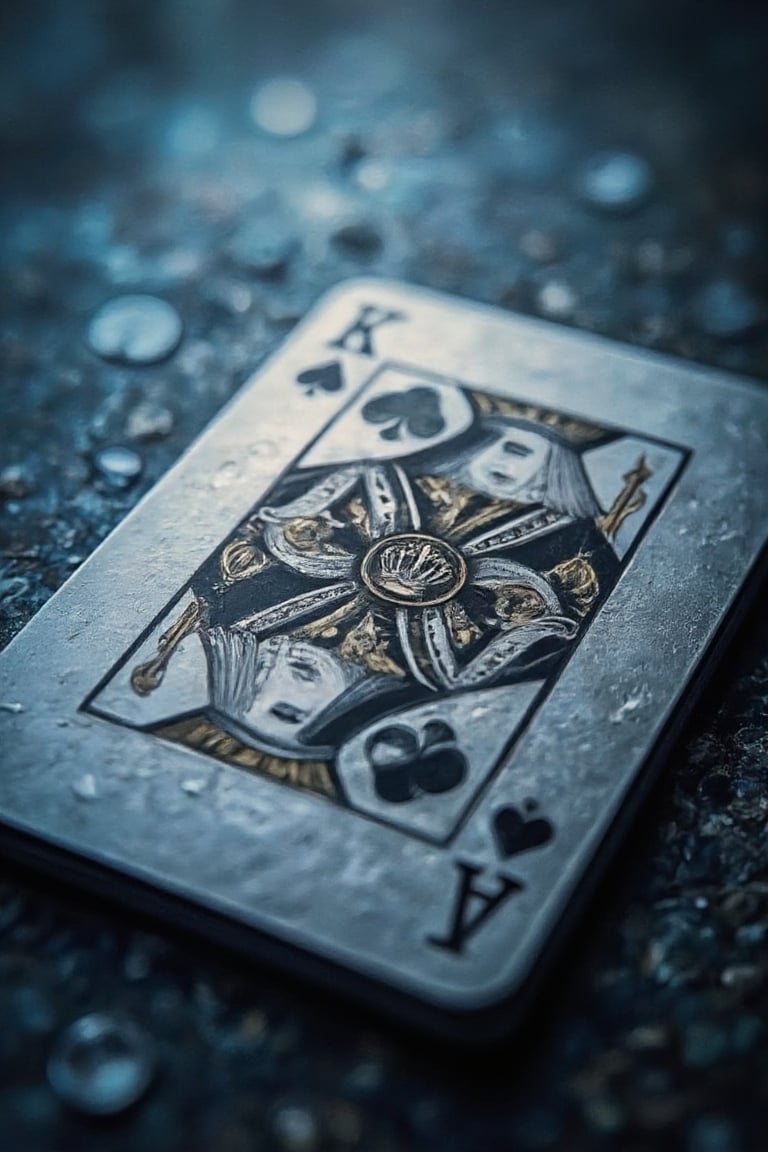 A close-up shot of a sleek, modern playing card with a king's crown at its center. The card is rendered in metallic silver and black, with intricate details and shading that give it a sense of depth. The background is a subtle gradient of blues, evoking a sense of luxury and sophistication.