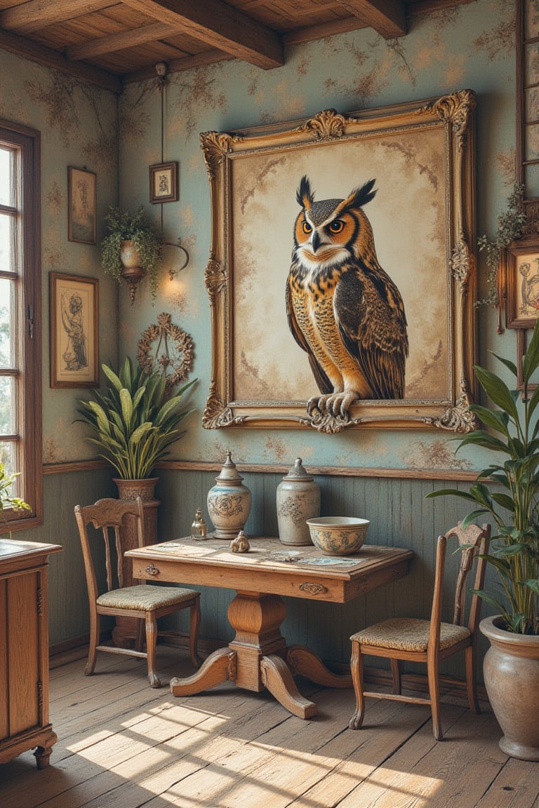 sepia color,
myths of another world,Nostalogic atmosphere,
pagan style graffiti art, 
Inside the secondhand store, framed paintings, furniture, pots, and a proud owl.
watercolor \(medium\),