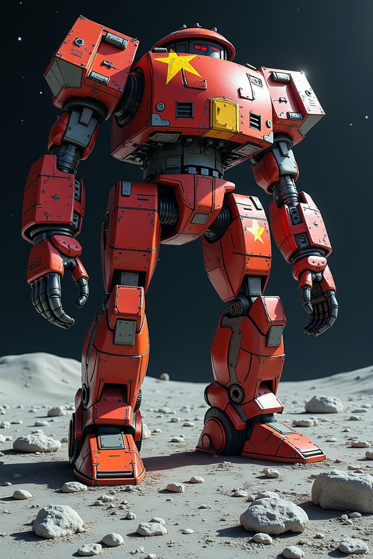 A colossal robot, resembling a majestic spaceship, constructs from an amalgamation of shredded Vietnam flags rises majestically above the diminutive lunar surface. The rust-red hues of the flags blend with the desolate moon's gray terrain, as if the very fabric of reality has been rearranged. In this dreamlike atmosphere, the behemoth robot stands sentinel, its mechanical form an eerie contrast to the celestial backdrop.