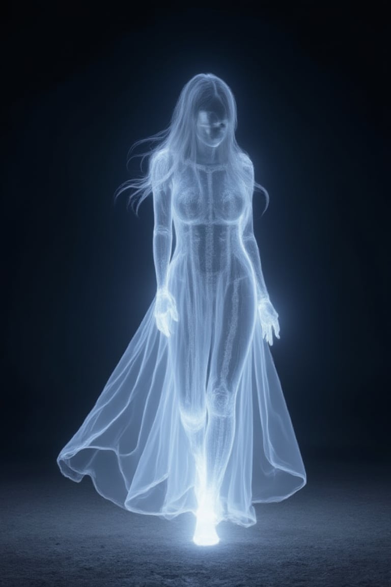 A hauntingly beautiful female ghost walks alone under the starry night sky, her ethereal form shimmering with a soft, luminescent glow akin to a hologram's eerie effect. She floats effortlessly across the deserted landscape, her flowing, perfect fashion ensemble - think haute couture evening gown and sparkling accessories - fluttering behind her like a wispy veil.