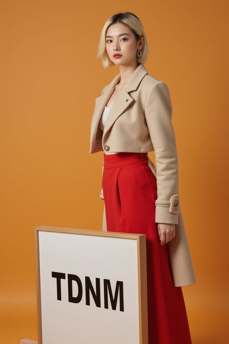 A confident model stands poised in front of a warm-toned backdrop, the beige coat and red skirt contrasting against the neutral hues. Her blonde hair is sleekly styled in a bob, framing her face alongside oversized hoop earrings. The focal point, however, lies on the framed sign TDNM  placed at her feet, drawing attention to its bold message amidst the otherwise understated composition.