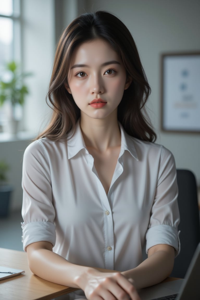 a digital portrait of a naturally beautiful young girl, 25 years blonde with a complexion reminiscent of pure porcelain, fullly matured. sitting on office desk in meeting
, full size photo, 
,Korean Model,babe