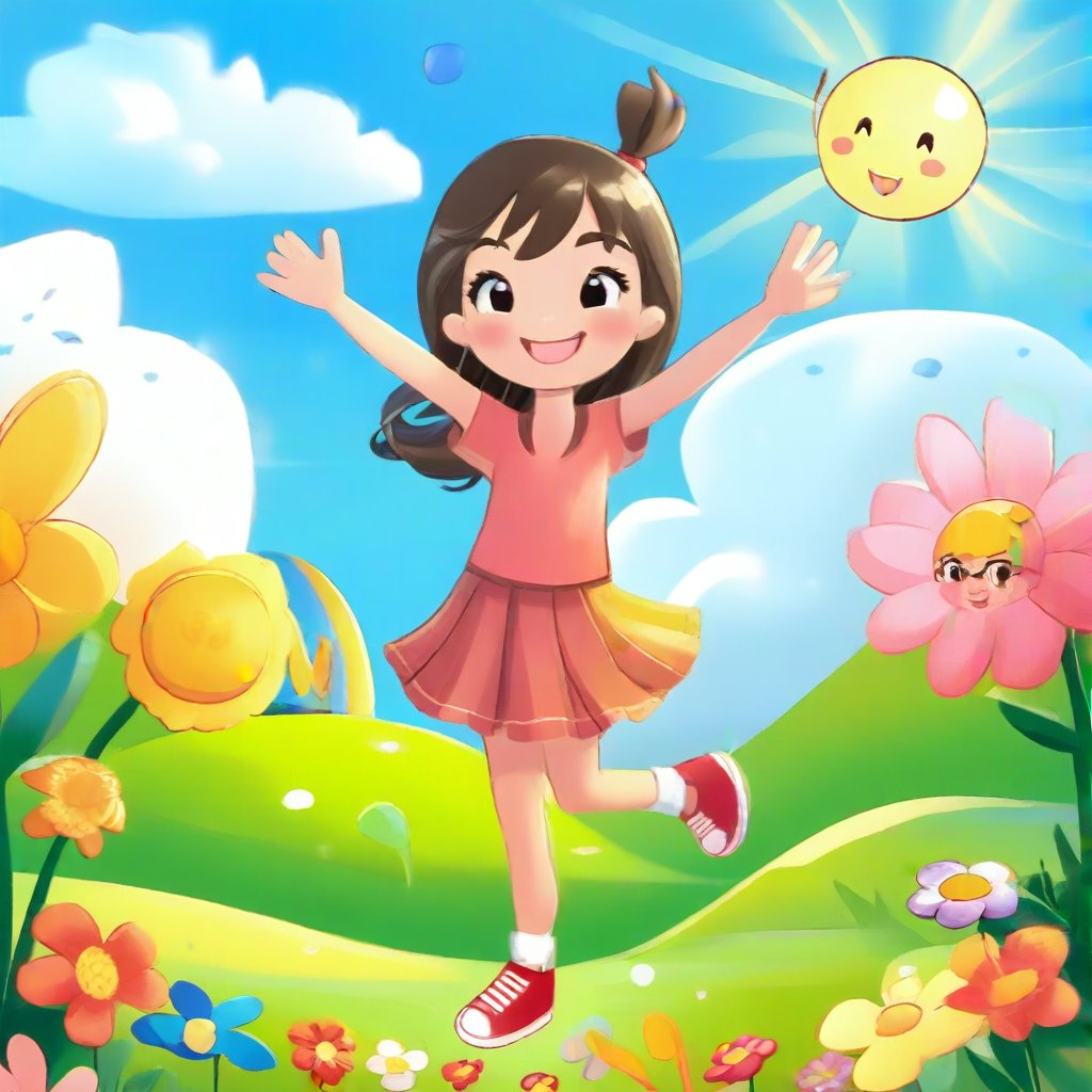 A charming cartoon scene featuring one girl, depicted in a lively, animated style. She stands center-frame, exuding joy with her arms outstretched and a big, beaming smile. The background is a vibrant, colorful landscape, with playful elements like cartoon flowers and cheerful clouds. The lighting is bright and sunny, adding to the whimsical atmosphere. The composition highlights her expressive face and the fun, exaggerated details of the cartoon environment, creating a delightful and engaging visual story.