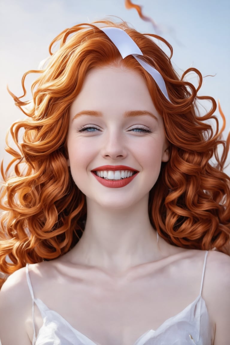 Conrad Rosset's whimsical portrait of a 17-year-old redhead: A bright-eyed beauty with a captivating smile and sparkling blue eyes, framed by a tumble of curly locks tied with a white ribbon. Her hair, ablaze with vibrant hues of red, orange, and pink, appears to be set aflame, as if infused with the fiery spirit within. She winks knowingly at the viewer, her lips curled upward in a mischievous grin, all beneath a warm, golden light.