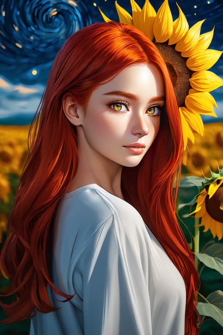 Beautiful woman, red hair, sunflower field, amber eyes, 8k, best quality, (van gogh, starry night background), detailed hair, detailed eyes,Illustration, artwork,Sugar babe ,3D MODEL,ass