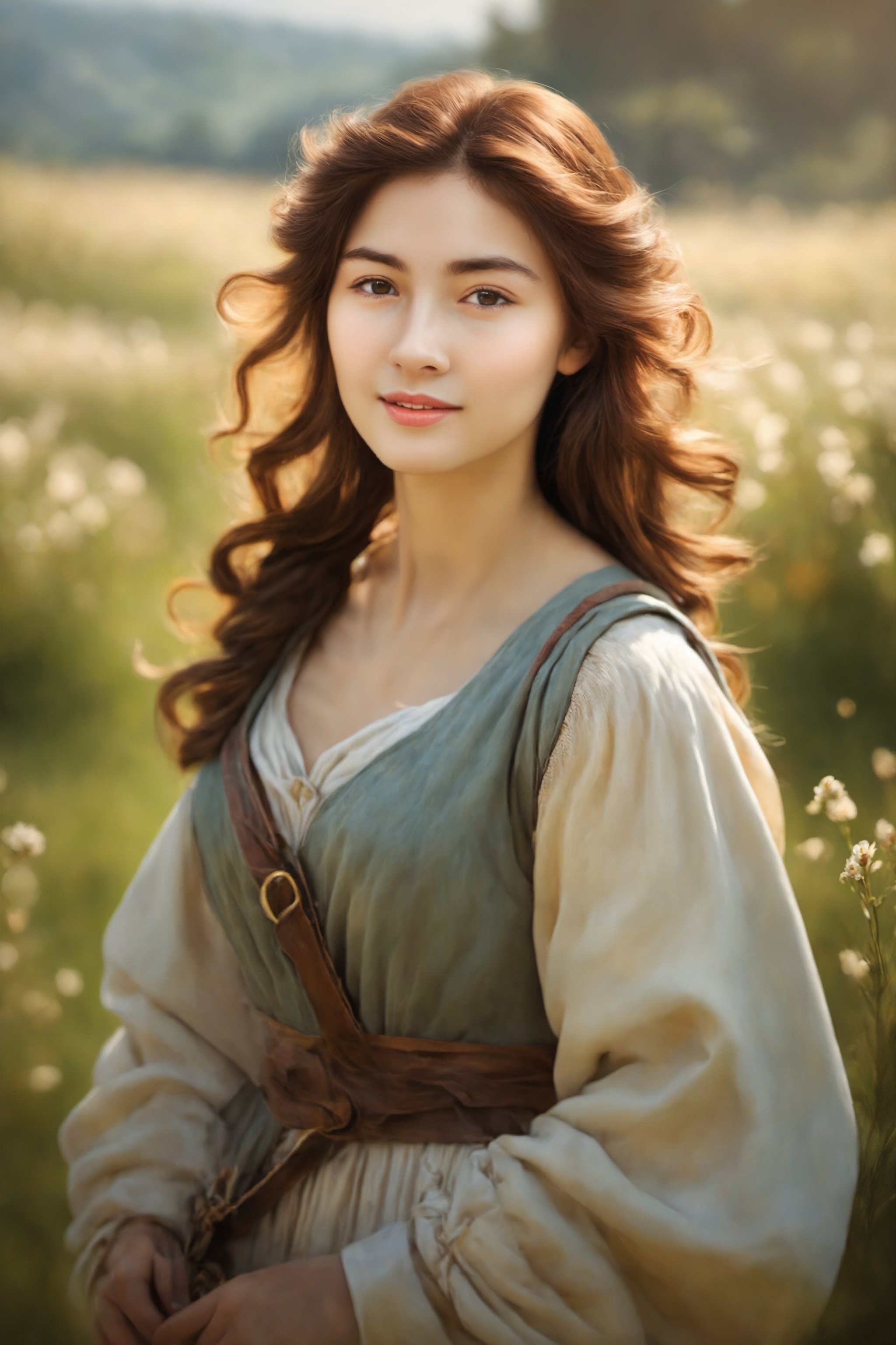 A shepherdess, in the style of the Renaissance, exuding elegance amidst pastoral beauty. (masterpiece, top quality, best quality, official art, beautiful and aesthetic:1.2), (1girl:1.4), portrait, extreme detailed, highest detailed, simple background, 16k, high resolution, perfect dynamic composition, bokeh, (sharp focus:1.2), super wide angle, high angle, high color contrast, medium shot, depth of field, blurry background,impressionist painting