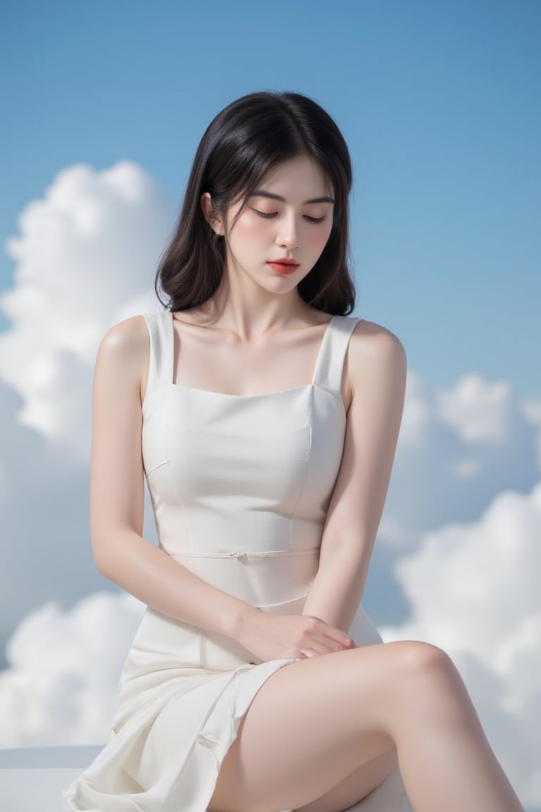 A serene masterpiece of a young woman sitting alone, surrounded by nothing but clouds and the vast blue expanse above. Her raven-black hair falls in soft waves around her face, with choppy bangs framing her closed eyes. A flowing white dress hugs her slender figure, its short sleeves showcasing toned arms as she sits peacefully. Parted lips curve into a gentle smile, as if lost in thought or savoring the beauty of the day. The cloudy sky above is dotted with puffy whites, casting a warm glow over the entire scene.