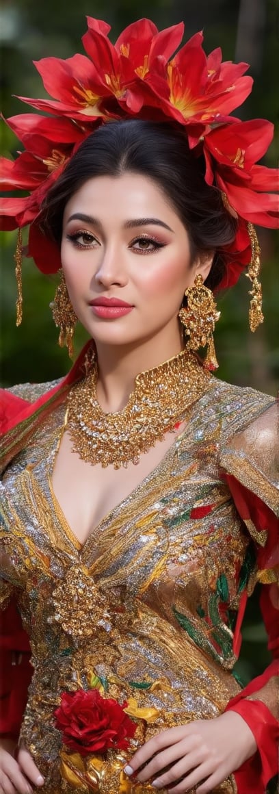 The image showcases a portrait of a woman from south america, with striking features. The woman is adorned with  tropical colorful outfit and her attire suggests a sense of joyful and happiness. Her jewelry, consisting of earrings, adds to the overall sophistication of her appearance. The presence of flowers in the image introduces an element of natural beauty and could signify a theme or context related to nature, femininity, or celebration. The choice of red in her attire and the flowers may symbolize passion, love, or festivity. The image captures a moment that seems both intimate and public, inviting the viewer to ponder the story behind it.