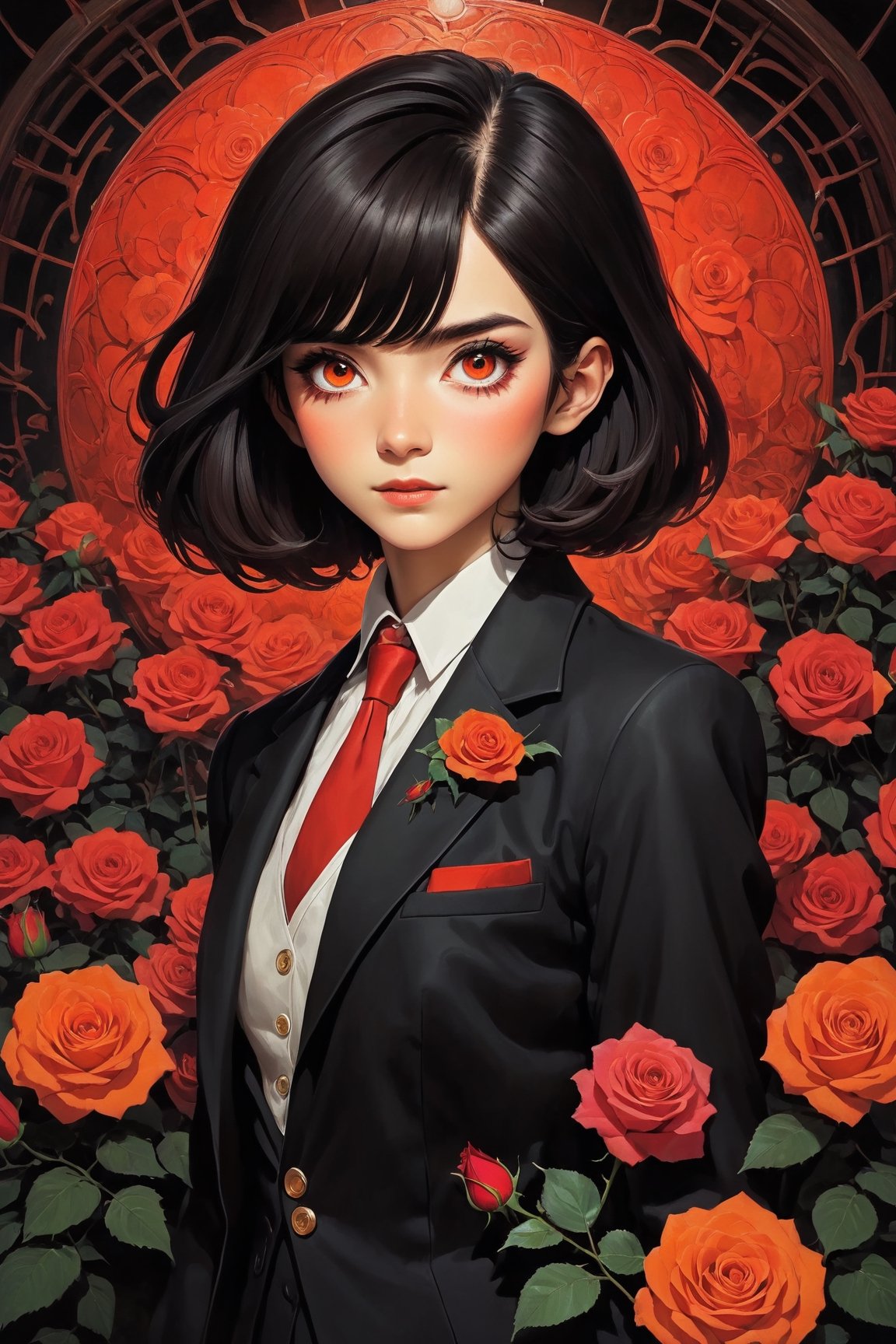 (Arielfstyle:1.0), Retro Ghibli scene, dark dream, terror, creepy, Creepy, Painting, lovecraftian, Ameinu, Black hair, black jackets, Brown hair, devil, blossom, high resolution, blazer, Orange Eyes, red flower, red rose, rozen, shirt, Short hair, White shirts, Halloween theme, style of Ghibli studio,masterpiece, best quality,HellAI,Enhanced All