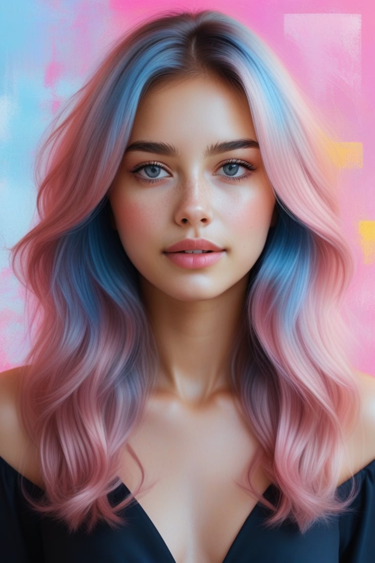 A captivating portrait of a mix blue and pink medium hair style with luscious, big wavy locks framing her radiant face. Behind her, a vibrant digital abstract visuals adds a pop of color to the serene atmosphere.,Enhance,Realistic Enhance,Cartoon