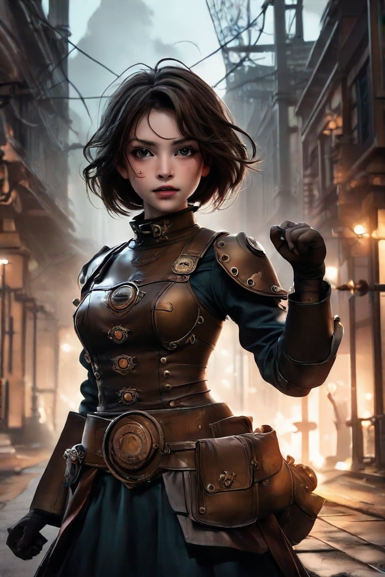 (ethereal dark fairy tale by Tim Sale), young anime girl steampunk, fight stance in a steampunk city, steampunk outfit, (dark + gothic, + foreboding background:1.4), more detail XL,Cartoon,Enhance,pixar style