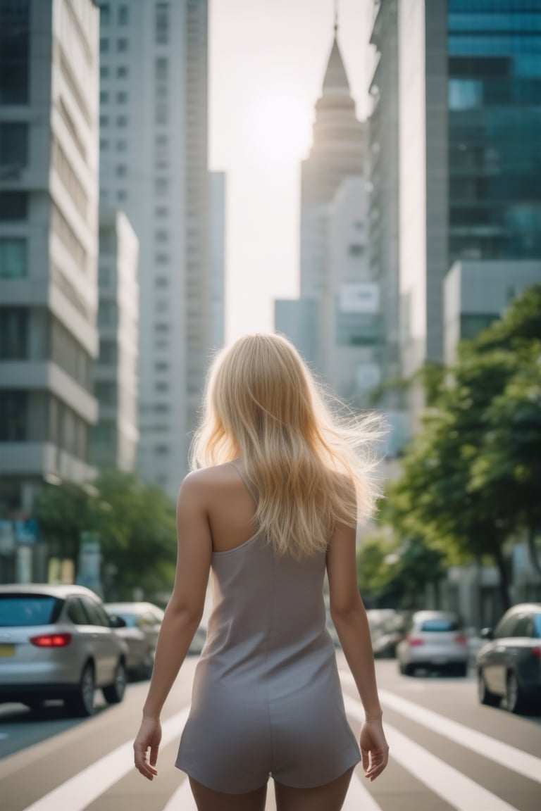 A vibrant cityscape with a blonde woman strolling leisurely, her hair flowing in the breeze. The scene captures her from a mid-distance, showcasing the urban environment with tall buildings and bustling streets. Soft, natural lighting highlights her relaxed pose and the dynamic city backdrop. Compositionally, the woman is centered with the cityscape framing her, creating a harmonious balance between subject and setting.,Elite