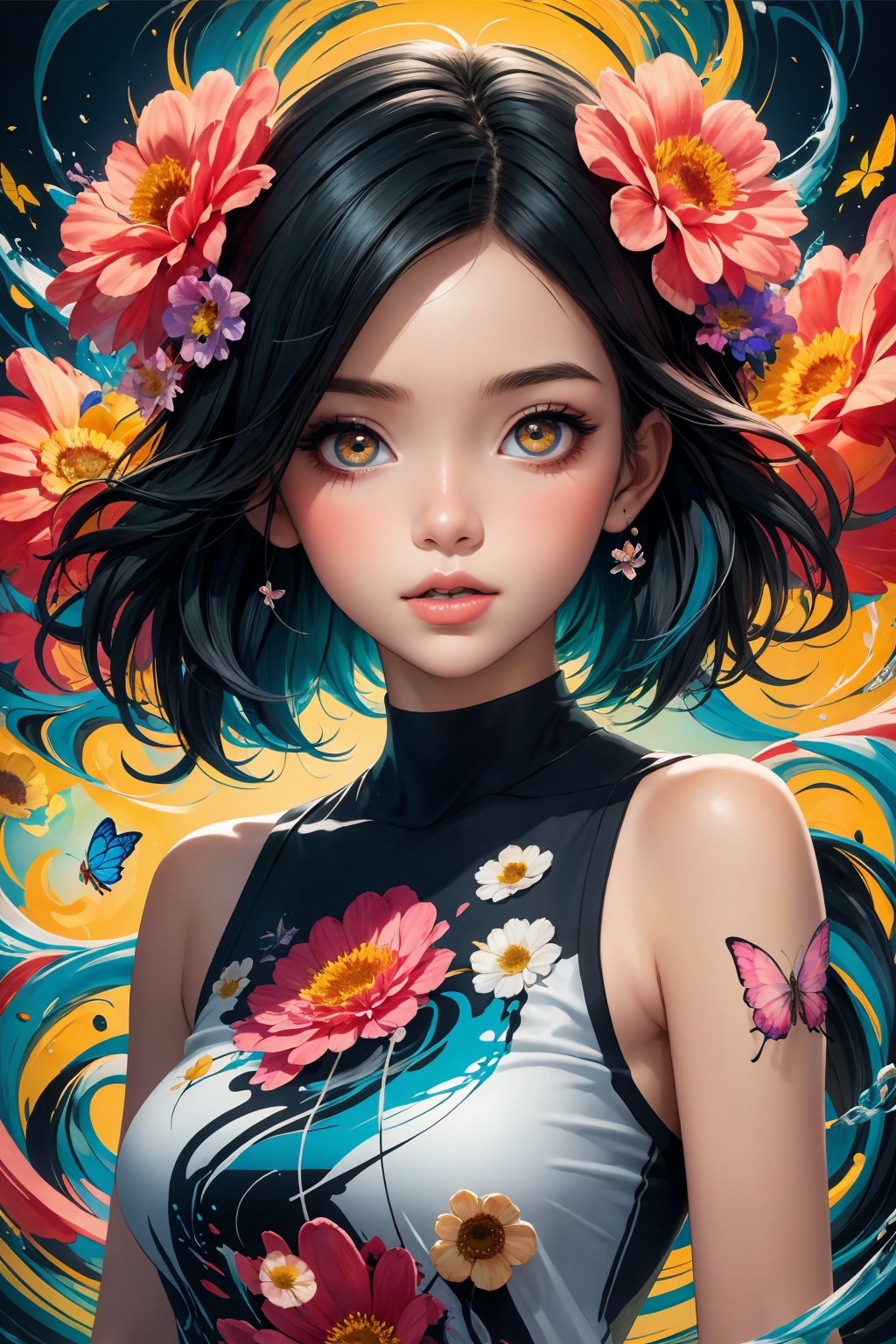 (masterpiece:1.1),(highest quality:1.1),(HDR:1),ambient light,ultra-high quality,( ultra detailed original illustration),(1girl, upper body),((harajuku fashion)),((flowers with human eyes, flower eyes)),double exposure,fusion of fluid abstract art,glitch,(original illustration composition),(fusion of limited color, maximalism artstyle, geometric artstyle, butterflies, junk art),more detail XL,Perfect skin,Replay1988,xxmix_girl,Young beauty spirit ,Enhance,Timeless beauty,Charm of beauty