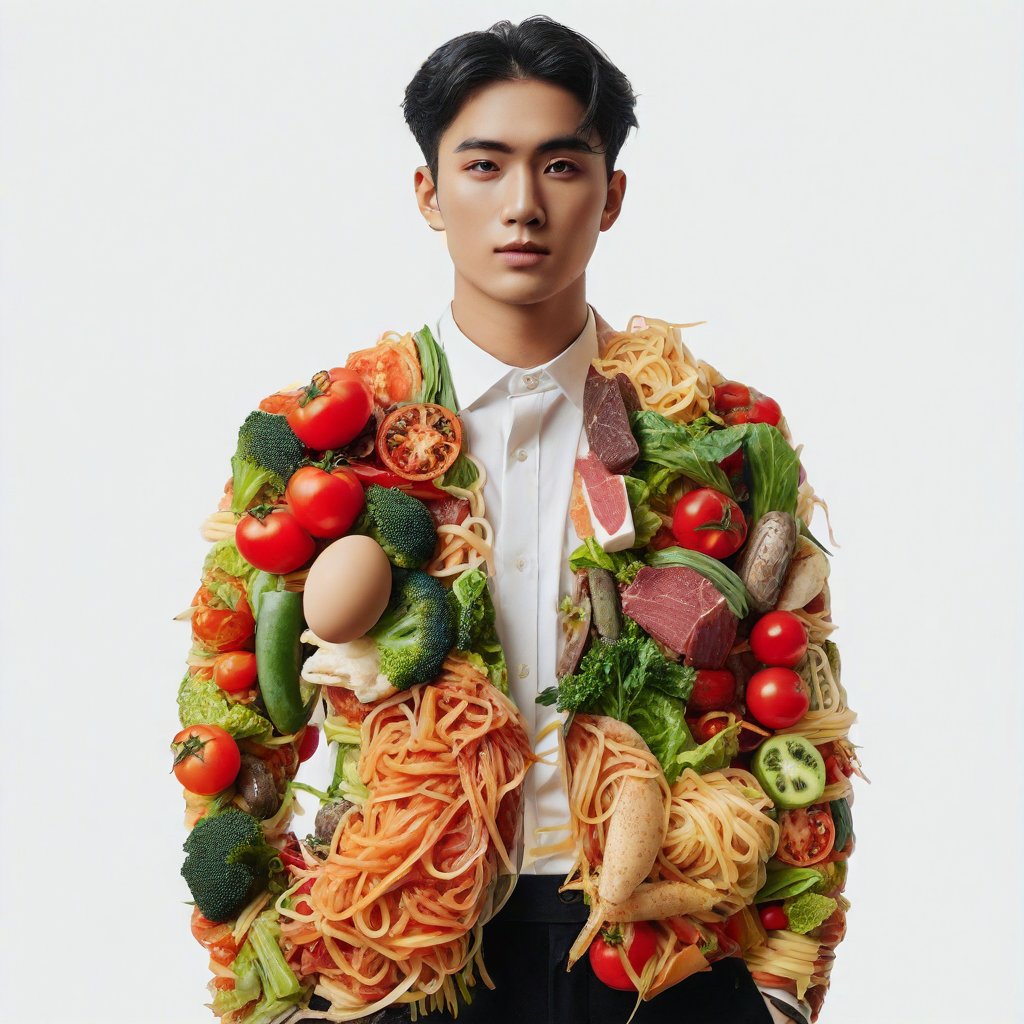 The task is to annotate the image by identifying and describing its contents using natural language. The image depicts a man wearing a suit that is designed to look like it is made of various food items, such as pasta, meats, vegetables, and an egg. The colors are vibrant, with reds from tomatoes, greens from herbs, and browns from meats, all set against the black of the suit's fabric. The man has a neutral expression, and his attire suggests a theme or a playful take on fashion. The background is plain white, which contrasts with the detailed and colorful suit.