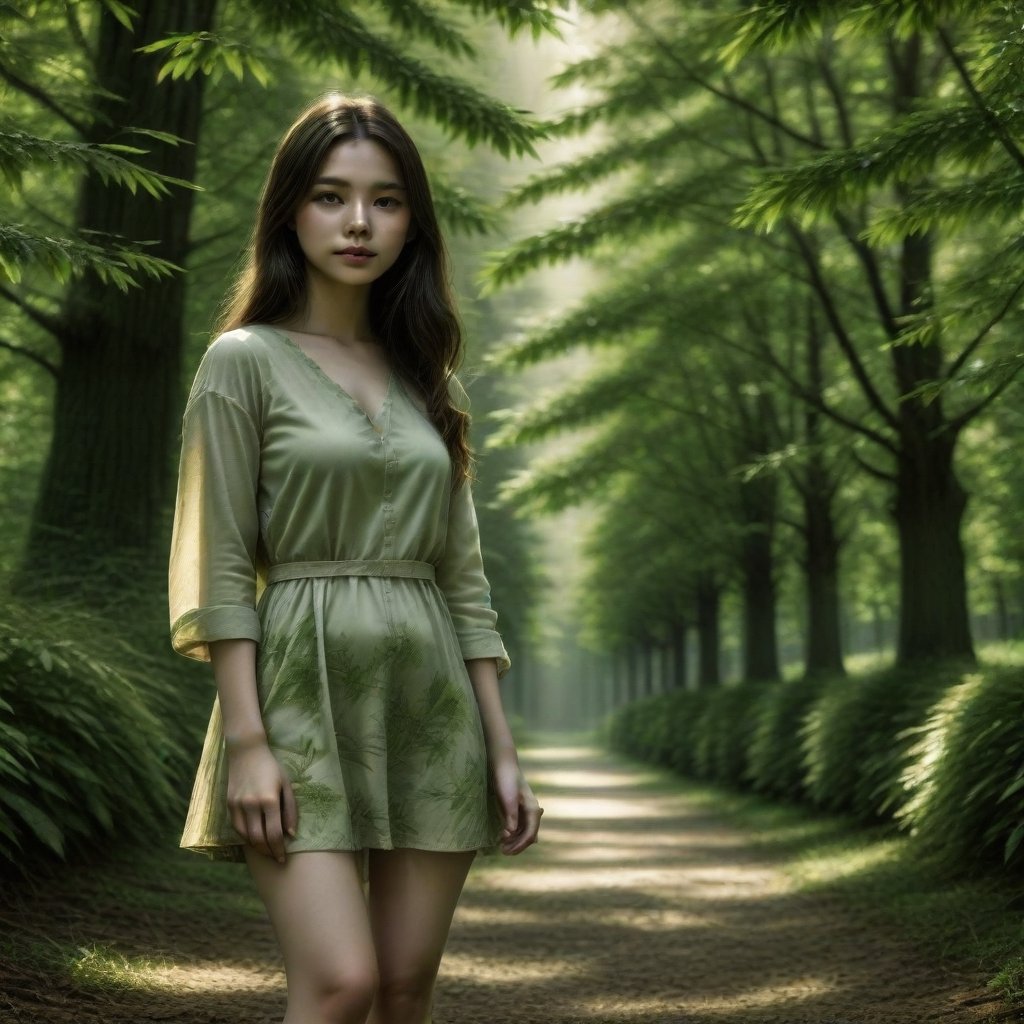 A serene image of a lone girl in a dense forest, sunlight filtering through the trees, casting soft dappled shadows on her. She stands amidst a carpet of fallen leaves, her gaze lost in the distance, capturing a moment of solitude and contemplation. The composition focuses on her silhouette against the lush green backdrop, with a hint of mist in the air, enhancing the mystical atmosphere.