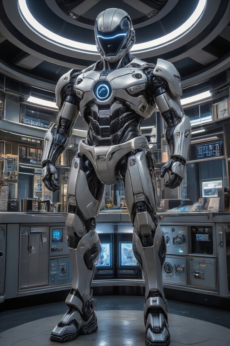 A highly detailed robot, fully equipped with advanced technology, standing in a futuristic lab. The robot is in a dynamic pose, with a wide-angle shot capturing its entire body. The lighting is bright and metallic, highlighting the intricate details of its mechanical components. The composition is balanced, with the robot centered in the frame, surrounded by various scientific instruments and glowing screens.