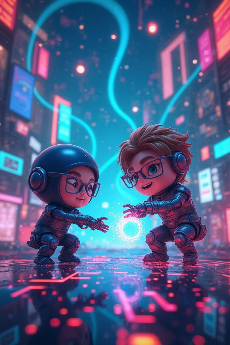 In a vibrant and dynamic cartoon world, two adorable yet formidable characters are engaged in an epic cyber battle. On one side, a cute yet mischievous hacker character, equipped with oversized glasses and a tech-savvy outfit, is exploiting a vulnerability to carry out a cyber attack. Their robotic fingers type rapidly on a holographic keyboard, with screens displaying complex codes and graphs. On the other side, a brave and determined defender character, dressed in a sleek, futuristic armor, is working tirelessly to fend off the attack. They monitor multiple screens filled with security alerts and countermeasures, their expression one of focused determination. The background is filled with flashing lights and flowing digital streams, creating an exciting and playful atmosphere. Despite the intense action, both characters exude a sense of playful confidence, making them intriguing and lovable.,wonder beauty