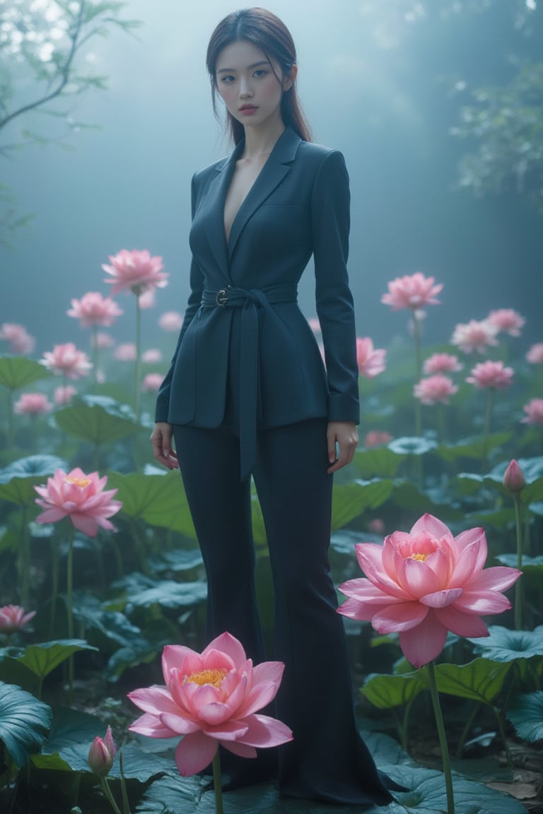 A statuesque figure stands tall amidst a serene backdrop of pink lotuses, bathed in soft, cool-toned light that highlights vibrant hues and tactile textures. The subject confidently poses with sharp lines and defined curves, its high-definition skin texture seemingly within reach, as the isometric composition guides the viewer's gaze to trendy fashion elements harmoniously aligned, frozen in a moment of artful stillness.