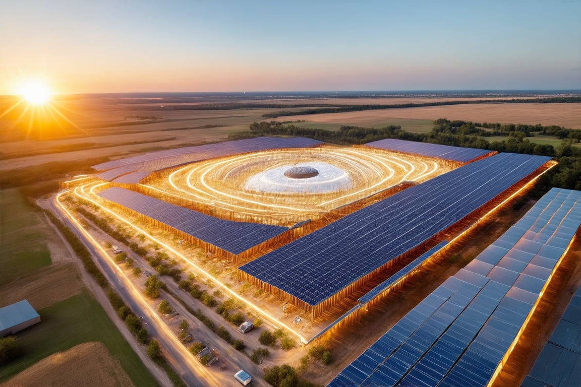 Genera una imagen de una megaconstrucción flotando sobre la superficie del sol, compuesta por una red de plataformas gigantes que se extienden en todas direcciones. Luces resplandecientes y arcos de energía rodean la estructura, alimentándola con la energía solar. Utiliza tonos dorados y naranjas para resaltar la magnificencia de esta obra de ingeniería en el corazón del sistema solar.