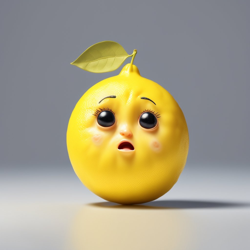 Crying Lemon, Sad Expression, Cool Yellow Palette, Porous Texture, Tiny Scale, solid color background, CtFruitsRedmAF, ,Unique Masterpiece