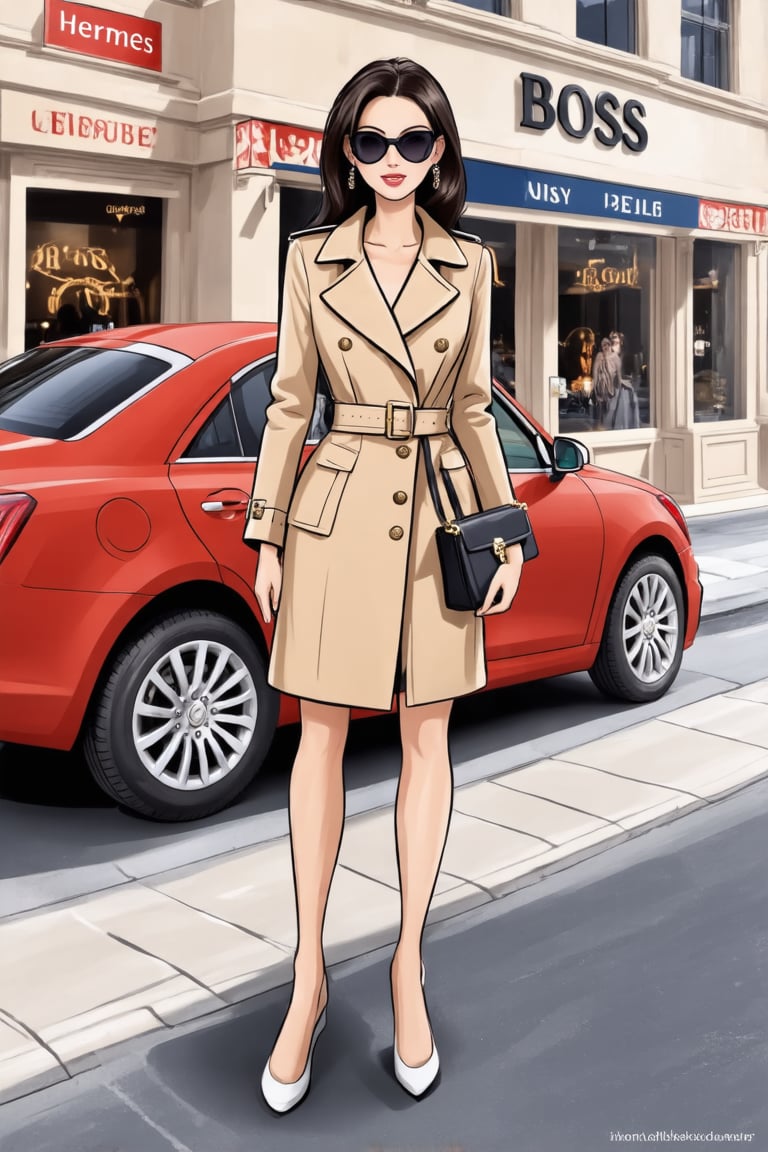 The image depicts a woman standing on a sidewalk in an urban setting. She is dressed in a beige trench coat with a belted waist and a matching skirt, both featuring a similar color and material. The coat has distinctive features such as a double-breasted design and a large lapel. She is accessorizing with a pair of black sunglasses and a black handbag that she carries over her shoulder. Her hair is styled straight and falls past her shoulders. In the background, there's a storefront with the word "BOSS" visible, suggesting a high-end fashion brand. A red car parked on the street adds to the city ambiance.,Realistic Enhance,digital art,Cartoon. She is holding a Hermes' Kelly bag