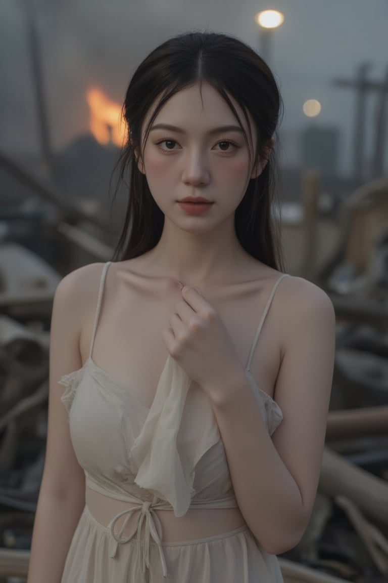 Mei, a fiery spirit, stands tall amidst the smoldering ruins, her porcelain skin illuminated by the soft glow of a distant streetlamp. Her raven-black hair frames her determined gaze, deep brown eyes betraying exhaustion as she surveys the devastation. A delicate handkerchief, lace-trimmed and worn, clutches in her palm, a poignant reminder of personal loss amidst the chaos. The 35mm film captures her rugged features, shallow depth of field blurring the smoky cityscape behind her. Warm light and subtle grain evoke nostalgia, as Mei's story unfolds like a classic film noir.