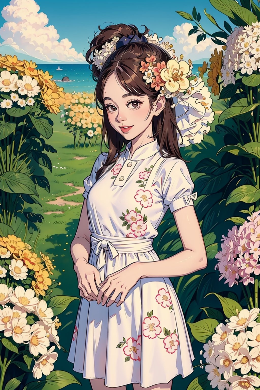Masterpiece, best quality, 8k, caricature style, 1girl, Vietnamese, slender, brown hair, Large and bright eyes, rossy lips, Clothing Elegant summer dress. Background is flowers concept,Ani_Uni