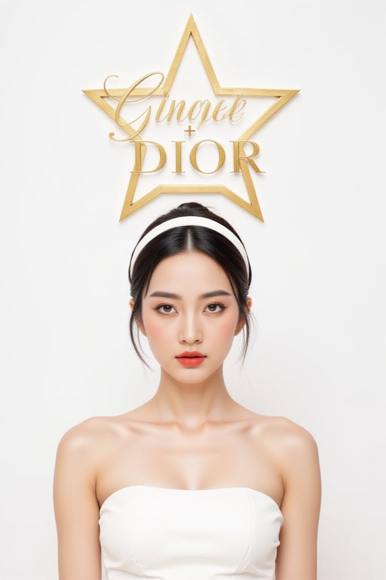 A stunning woman poses confidently against a crisp white background, her strapless dress shining like porcelain. A sleek headband wraps around her forehead, adding to the overall sense of sophistication. Above her, a gleaming gold star and elegant script DIOR create a dramatic focal point. The wonder of beauty radiates from within, as if illuminated by the star itself.