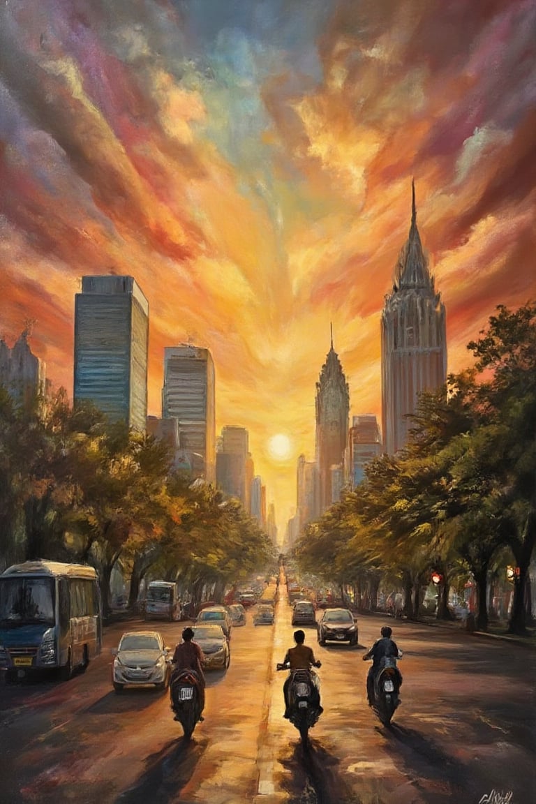 A majestic oil painting captures the essence of Saigon's city center as the sun sets in a kaleidoscope of saffron and crimson hues, illuminating the skyscrapers of ancient architecture with warm golden light. Shadows stretch elegantly across the bustling streets, where luxury and vibrancy entwine amidst the urban landscape.