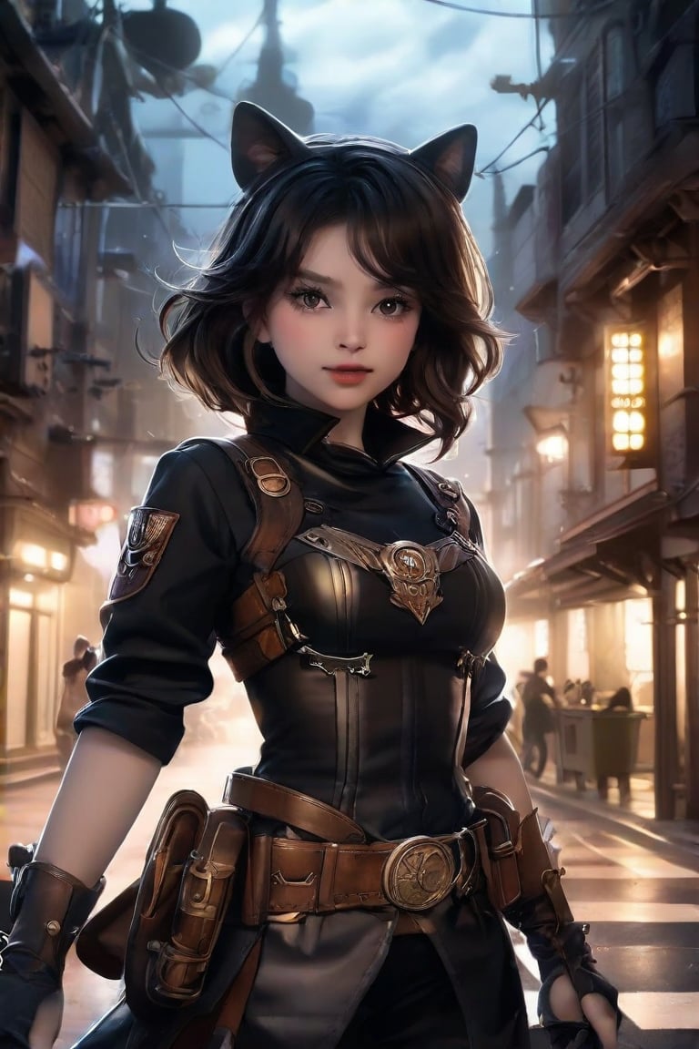 (ethereal dark fairy tale by Tim Sale), young anime girl steampunk, fight stance in a steampunk city, steampunk outfit, (dark + gothic, + foreboding background:1.4), more detail XL,Cartoon,Enhance,pixar style