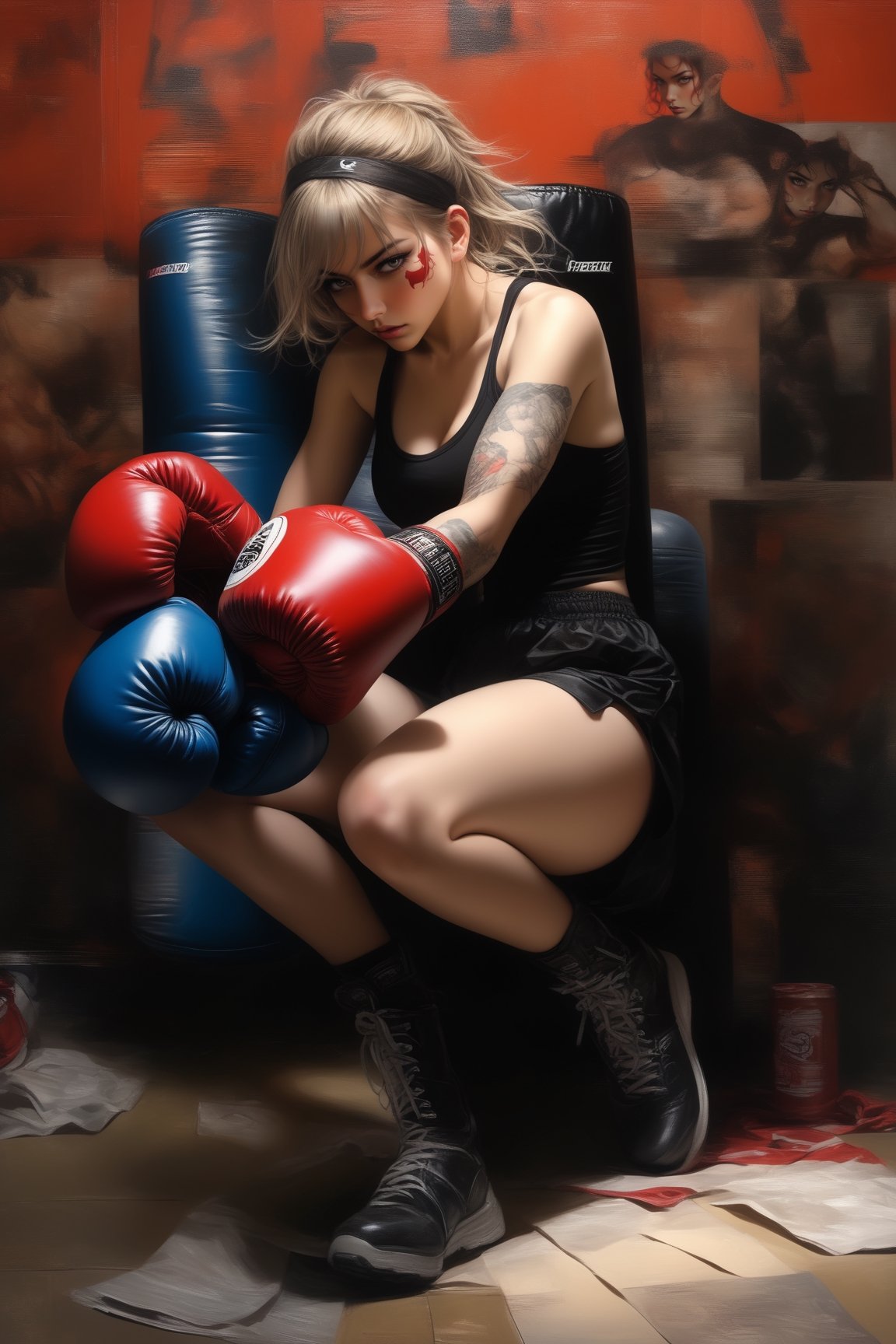 hyper realistic, photo realistic, (close up), comic style, , dark spring, dark kawaii, in a polo biker shorts, ((wearing large boxing gloves)), ,  triple exposure, perfect fingers, perfect body, japanese ink, immaculate composition, dynamic pose, brian viveros, katsuya terada, esao andrews, anne stokes, dynamic pose, dynamic light and shadow, hyperrealism,ct-jeniiii,Split lighting,Melody,Long Legs and Hot Body