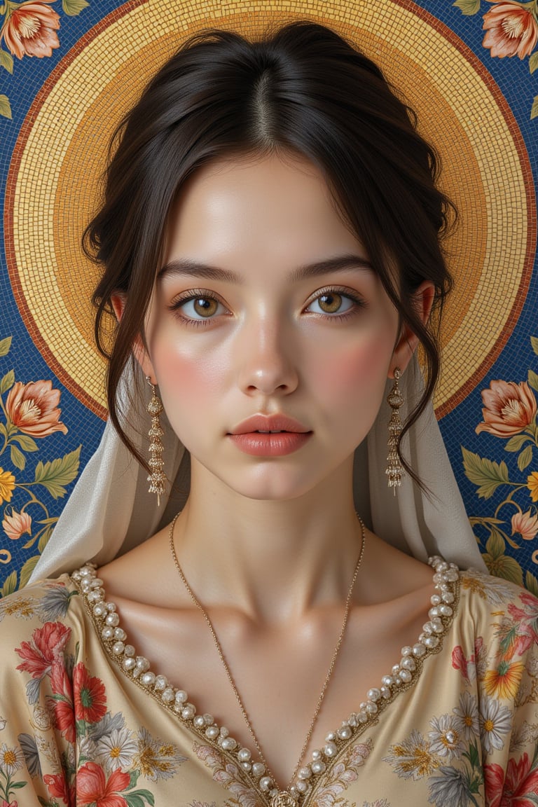 masterpiece of Byzantine mosaics depicts a serene girl with exquisite features in stunning detail. Against a simple yet elegant background, the 16k resolution portrait shines with perfect dynamic composition and bokeh effects. The subjects face is sharply focused, while the surroundings gently blur into a soft focus. A super wide-angle lens captures the high angle shot from above, showcasing her beauty amidst a subtle depth of field.