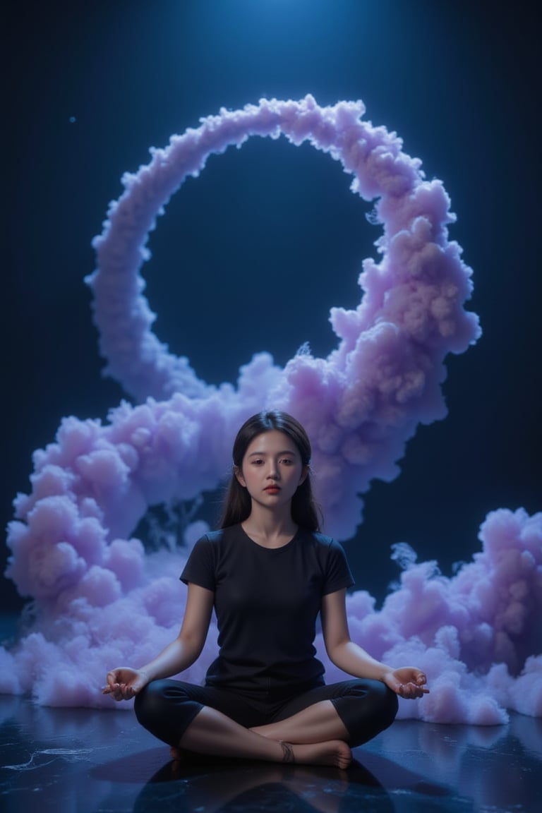 A surreal still life: A young girl sits cross-legged on a dark, starry background, her eyes closed in concentration. She's surrounded by swirling clouds of purple and blue gases, echoing the cosmic vortex of a black hole. Her hands rest palms-upward, as if channeling the celestial forces. The lighting is dim, with faint streaks of light tracing the curves of the galactic dust.,wonder beauty