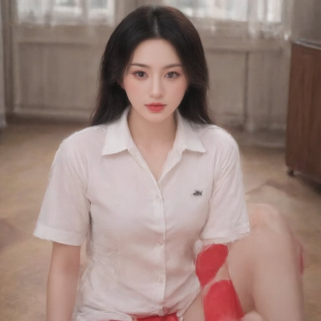 A young girl with striking features sits confidently in a straightforward composition. Her long, black hair cascades down her back as she looks directly at the viewer. Wearing a white shirt with short sleeves and matching shorts, she exudes a sense of sporty elegance. The camera frames her full body, showcasing her athletic build and bright red socks. Her piercing black eyes and subtle smile add to her captivating gaze, making the viewer feel like she's sharing a secret only with them.,High school,Teenager,Art