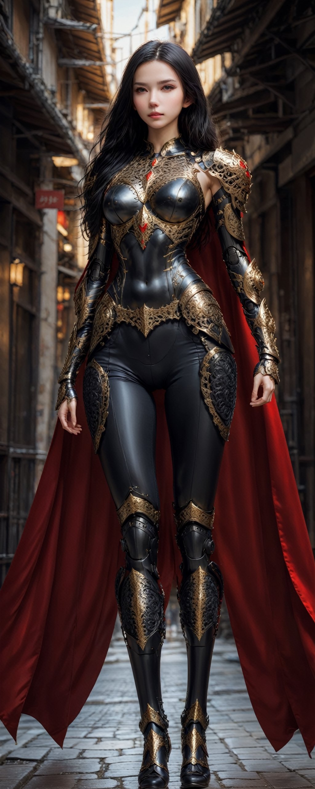 front_view, masterpiece, best quality, photorealistic, raw photo, (1girl, looking at viewer), black long hair, mechanical black armor, intricate armor, delicate gold filigree, black metalic parts, detailed part, red cape, standing pose, detailed background, dynamic lighting,Long Legs and Hot Body,Wonder of Beauty,Enhanced All