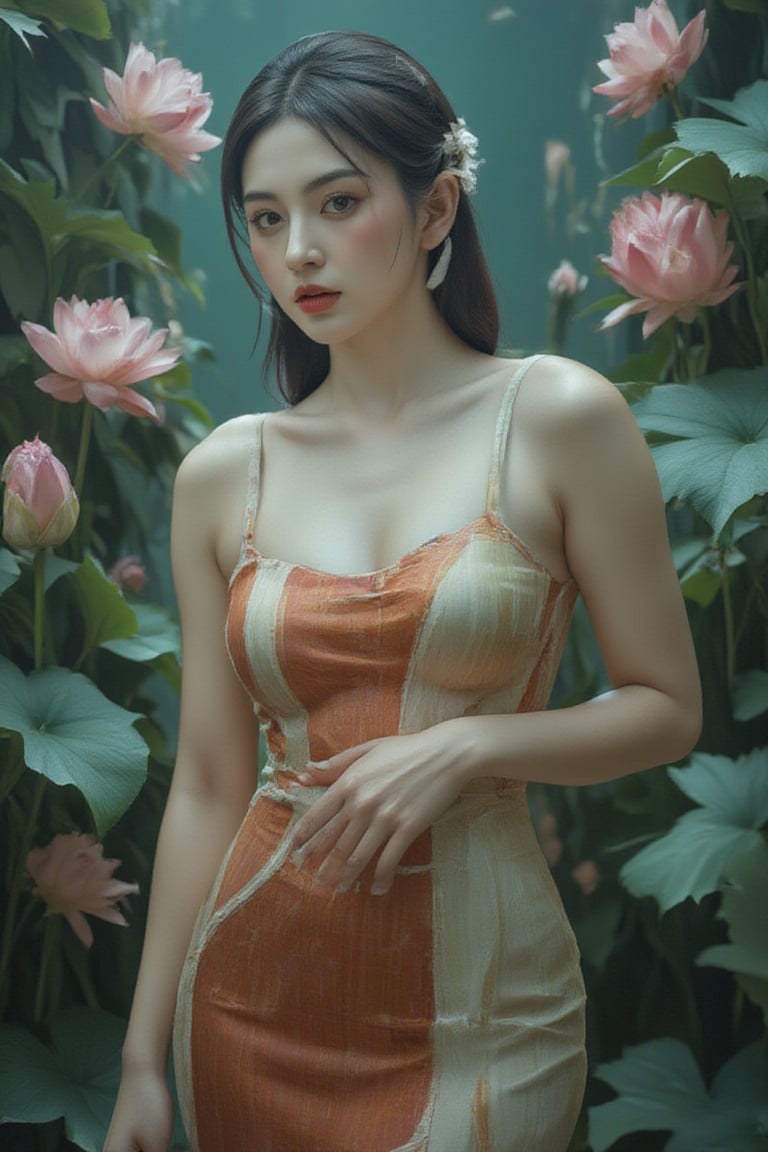 A statuesque figure stands tall amidst a serene backdrop of dark evil lotuses, bathed in soft, cool-toned light that highlights vibrant hues and tactile textures. The subject confidently poses with sharp lines and defined curves, its high-definition skin texture seemingly within reach.