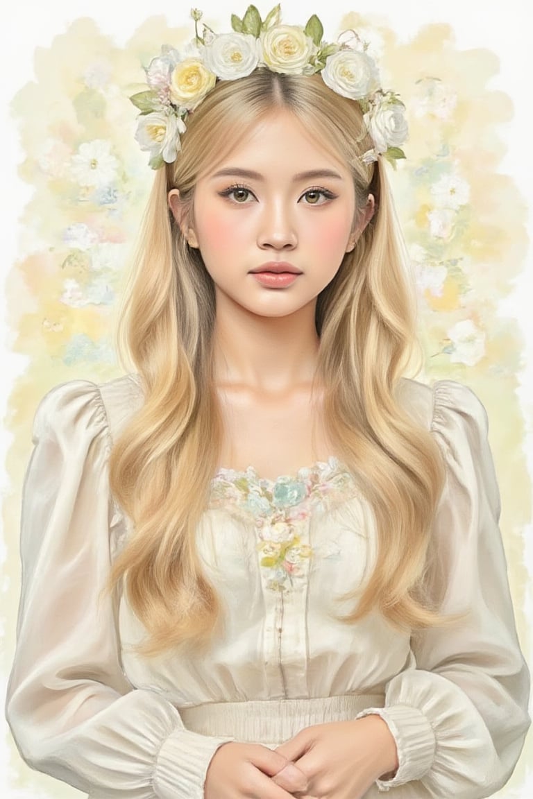 masterpiece, top quality, best quality, official art, beautiful and aesthetic:1.2), extreme detailed. 1 girl, long blonde hair, flowers and leaves entwined within her tresses, shades of white and yellow, wearing white top, ruffled detailing, embroidered pastel color floral chest motif, sleeves billowing at shoulders, tapering to wrists, hands clasped, soft and delicate aesthetic, intricate details in hair and clothing, light-hued background, subject focused, digital painting,more detail XL,watercolor \(medium\), in the style of esao andrews,