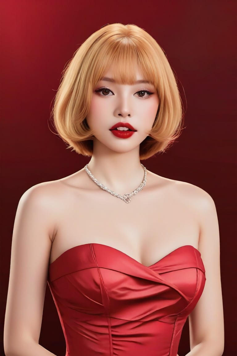 1girl, solo, breasts, looking at viewer, short hair, bangs, blonde hair, simple background, dress, cleavage, bare shoulders, brown eyes, jewelry, collarbone, upper body, parted lips, teeth, necklace, lips, strapless, makeup, red dress, bob cut, lipstick, red background, realistic, red lips,Supreme Realistic