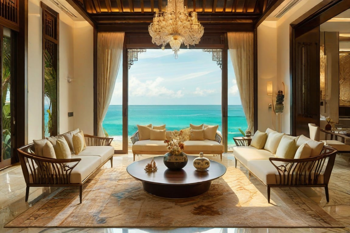 A luxurious living room, high-end resort vibes, overlooking the ocean's waves in Indochina. A sleek, modern sofa dominates the frame, positioned in front of a floor-to-ceiling window that frames the turquoise sea and sailboats drifting lazily by. Soft, golden lighting spills from above, casting a warm glow on the cream-colored walls adorned with rich wood accents. The room's centerpiece is a stunning wooden coffee table, showcasing a decorative bowl filled with exotic flowers, as two plush armchairs sit in harmony beside it.