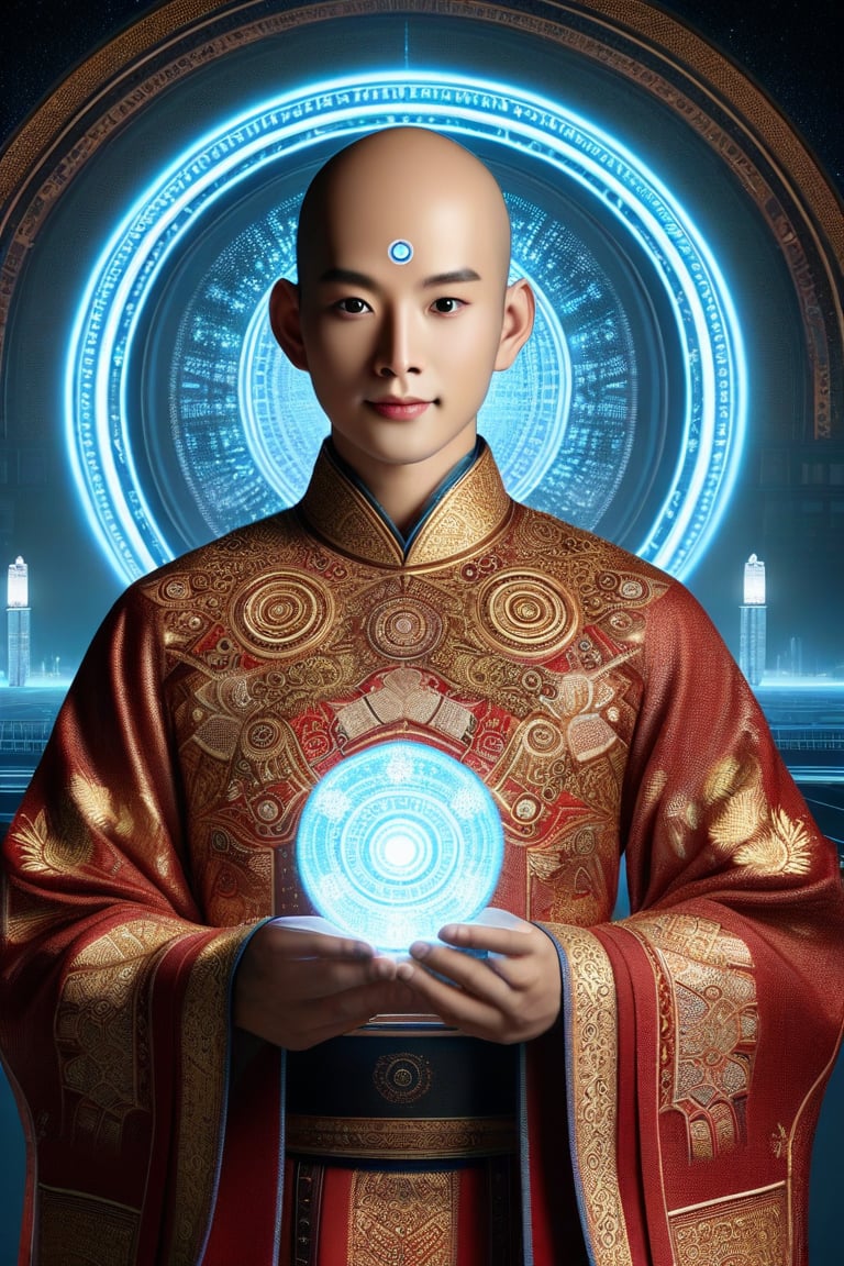 A majestic bald figure with East Asian features wears ornate traditional attire adorned with circular patterns and intricate designs, central forehead marking aglow. Richly decorated robe shines with golden and red motifs, signifying high status or ceremonial significance. Glowing orb in hand emits blue light, focal point amidst futuristic background blending ancient traditions with technological elements, suggesting a harmonious fusion of legacy, power, and enlightenment.