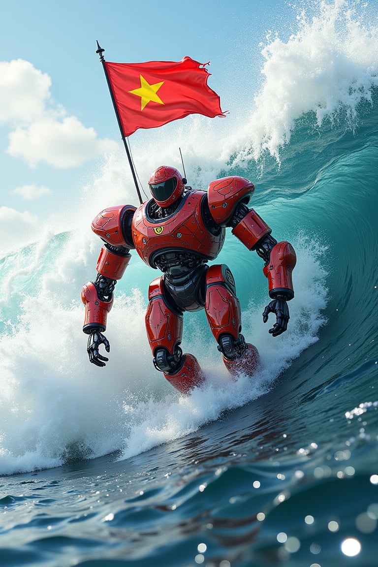 A majestic robotic vessel, crafted from countless tiny Vietnamese flags, rides the crest of massive ocean swells with precision and agility. The robot's sleek, flag-adorned form glistens in the sunlight as it navigates the turbulent waters, its mechanical limbs flexing in harmony with the waves' rhythmic crashes. A kaleidoscope of colors dances across its surface as the flags flutter in the sea breeze.